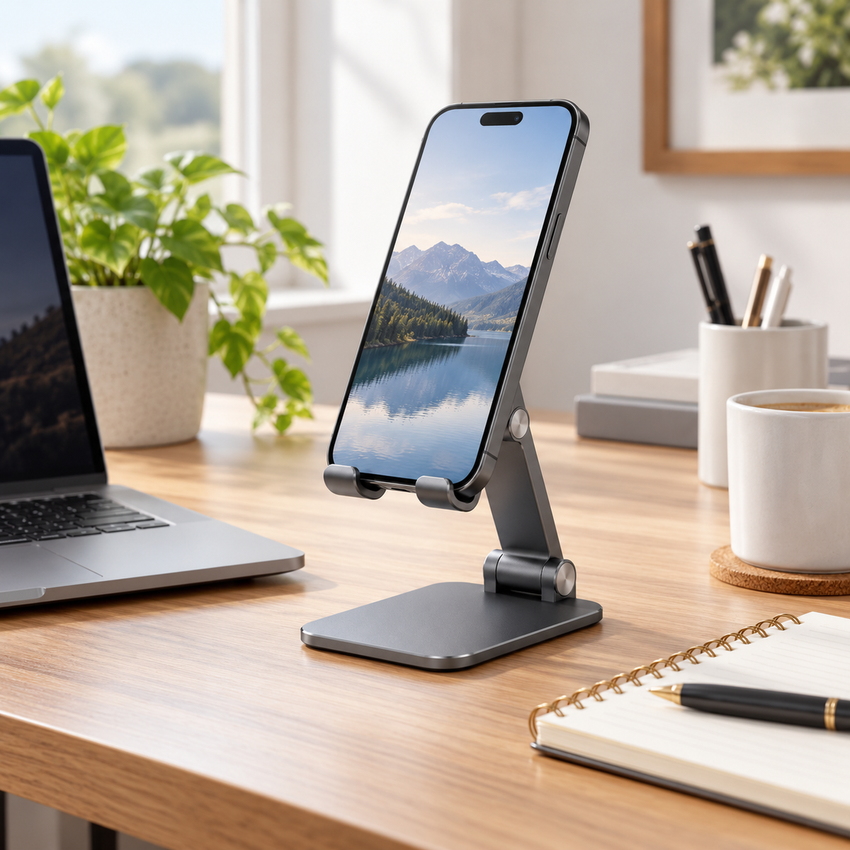SnapDesk Adjustable Phone Stand — lifestyle view