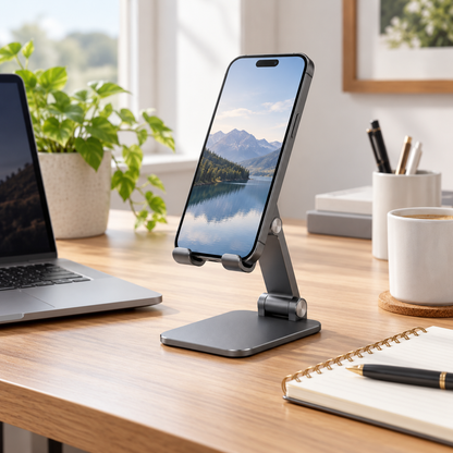 SnapDesk Adjustable Phone Stand — lifestyle view